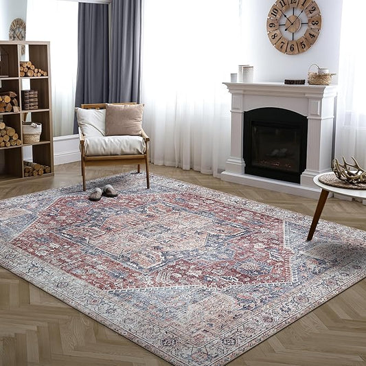 Bloom Rugs Washable Non-Slip 9' x 12' Rug - Red/Blue Traditional Medallion Area Rug for Living Room, Bedroom, Dining Room, and Kitchen - Exact Size: 9' x 12'