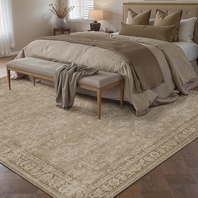 5x7 Light Brown Area Rug for Living Room Washable Vintage Distressed Carpet Bedroom Low Pile Non Slip Indoor Soft Retro Throw Accent Rug Office Kitchen Bathroom Dining Room