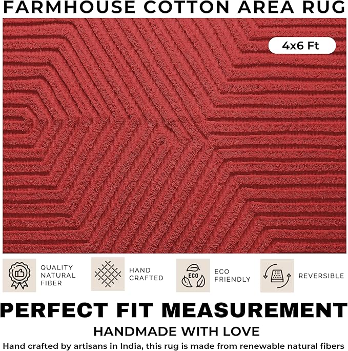 Boho Rugs for Living Room 4x6, Farmhouse Cotton Area Rug for Bedroom, Washable Tufted Indoor Floor Carpet for Kitchen Dorm Office Dining Room Office Home Decor, Rust Bricks