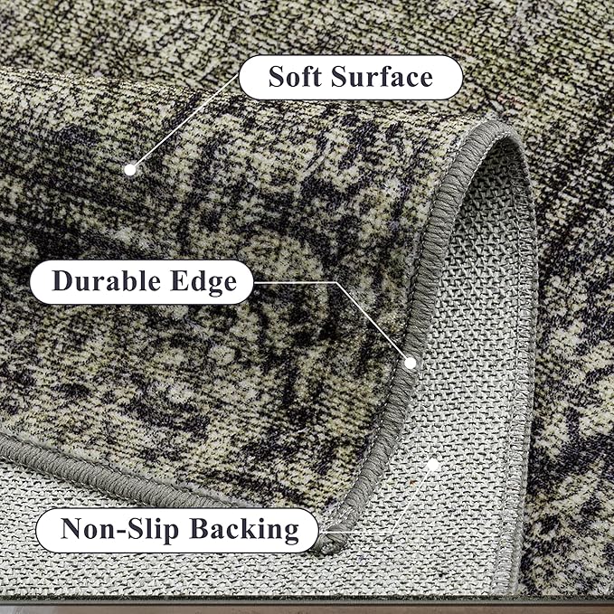 Vintage Area Rug 4x6 Washable Olive Brown Entryway Living Room Carpet Indoor Non Slip Entrance Low Pile Office Distressed Retro Accent Throw Rug for Dining Room Bathroom Bedroom Laundry