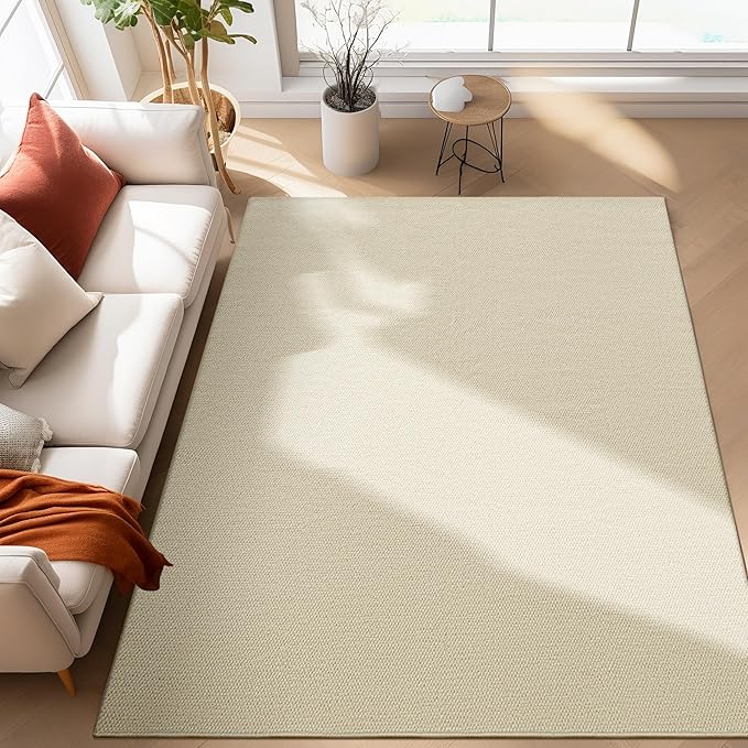 Carvapet 5x7 Solid Rugs for Living Room Bedroom, Washable Off-White Low Pile Jute Carpet with Rubber Backing, Foldable, Non Slip Thin Area Rug
