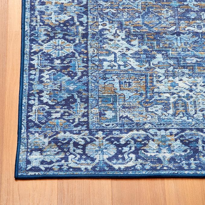 ReaLife Rugs Machine Washable Area Rug Runner - Living Room Bedroom Bathroom Kitchen Entryway Office - Padded Low Pile Stain Resistant Premium - Boho Vintage Traditional - Lyle - Blue 2'6" x 8'