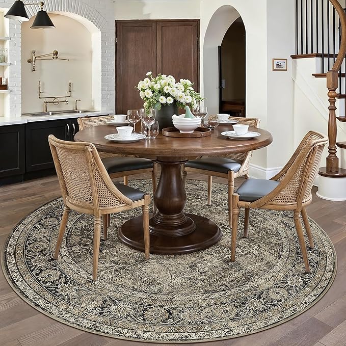 Brown Round Area Rug 5ft Washable 5x5 Circle Vintage Low Pile Indoor Kitchen Living Room Carpet Non Slip Traditional Distressed Retro Accent Throw Rug Office Dining Room Bathroom
