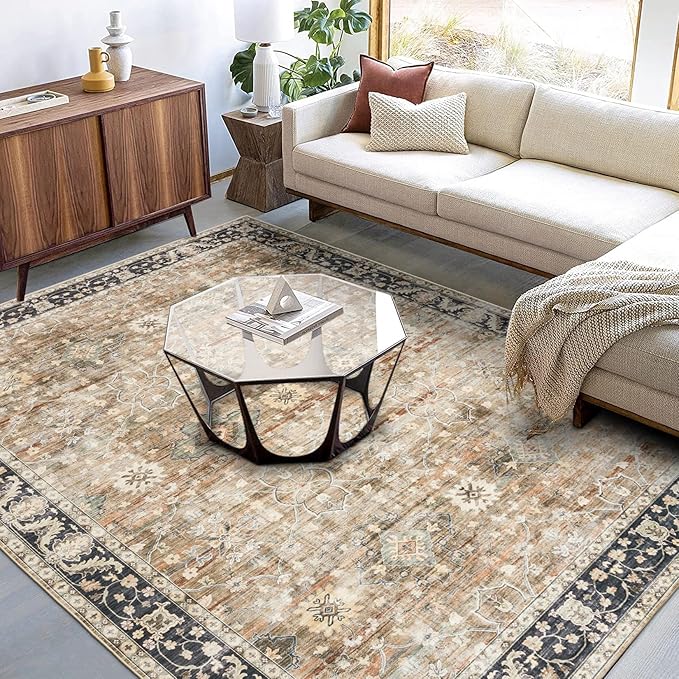 ReaLife Rugs Machine Washable Area Rug - Living Room Bedroom Bathroom Kitchen Entryway Office - Padded Low Pile Stain Resistant Premium - Boho Farmhouse Vintage - BEV - Beige Tan Brown 5' x 7'