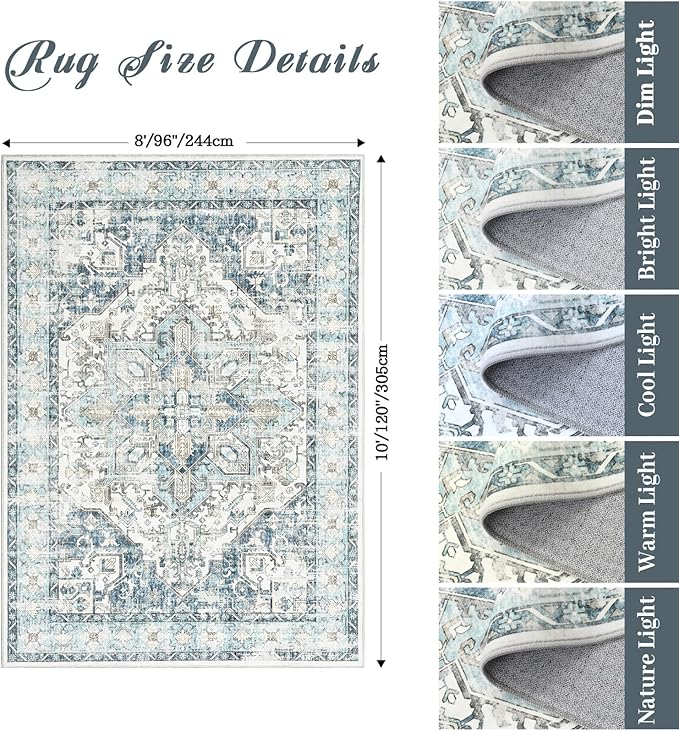 zesthome 8x10 Area Rugs-Washable Rug for Living Room, Non-Slip Backing Rugs, Stain Resistant 8x10 Rug for Bedroom, Ultra-Thin Low Pile Rugs, Vintage Large Home Decor