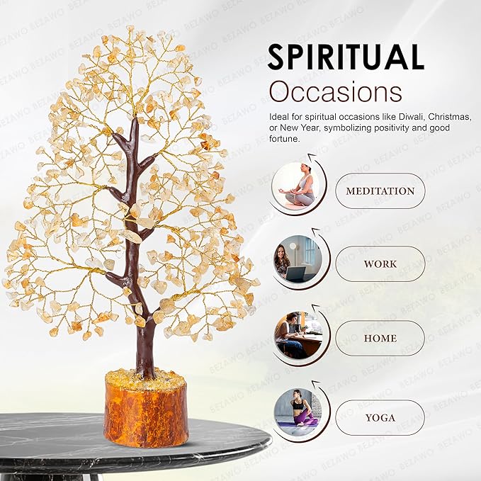 Crocon Citrine Gemstone Tree Feng Shui Figurine Money Bonsai Chakra Balancing Good Luck Prosperity Reiki Healing Crystals Decoration Ornament Sculpture Table Decor Gift Size 10-12"