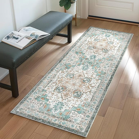 GENIMO 2x5 Runner Rugs for Hallway, Machine Washable Non Slip Vintage Rugs, Low Pile Lightweight Soft Print Rug for enrtyway, Corridor, Home Office, Kitchen, Cyan