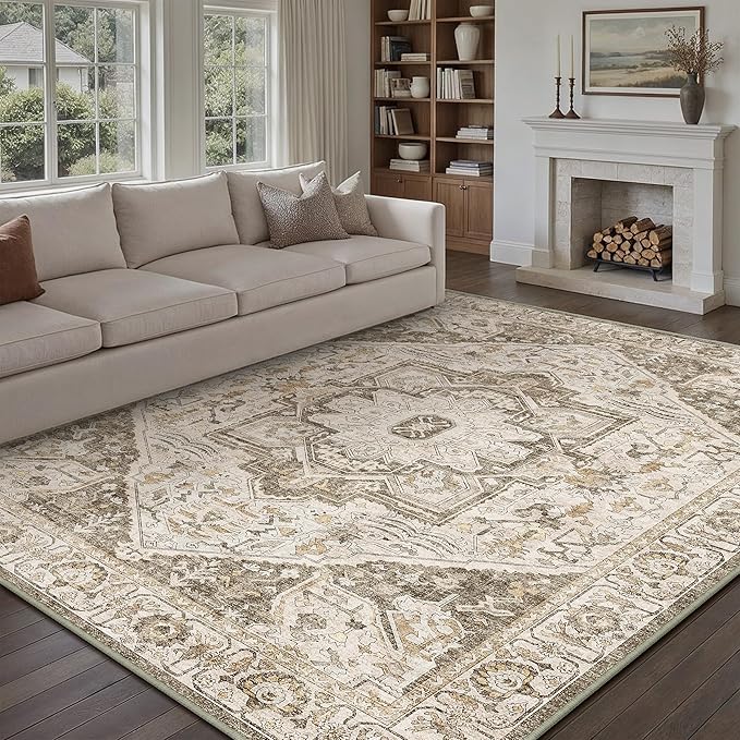 Brown Area Rug 6x9 Vintage Washable Distressed Living Room Carpet Large Indoor Non Slip Traditional Medallion Retro Low Pile Accent Throw Rug Bedroom Kitchen Office Dining Room