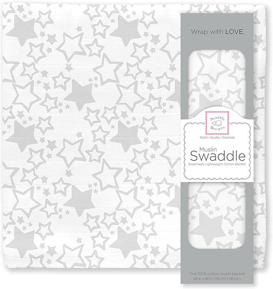 SwaddleDesigns Cotton Muslin Swaddle Blanket, Receiving Blanket for Boys & Girls, Best Shower Gift, 46x46 inches, Sterling Starshine