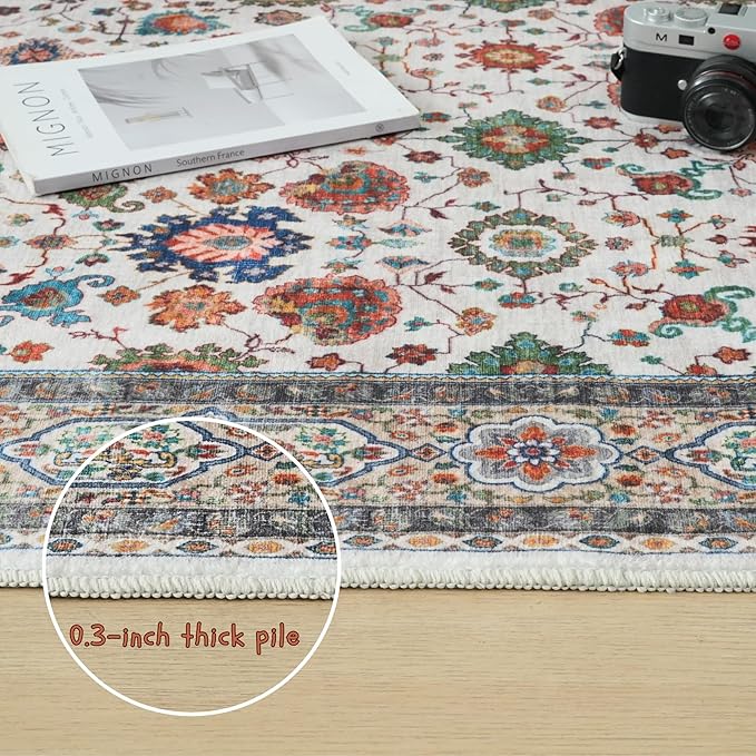 Living Room Rug 6x9 Rug Machine Washable Boho Area Rug Non Slip Vintage Low Pile Large Rug for Living Room, Bedroom, Farmhouse, Dining Room, Kids Playroom (Colorful)