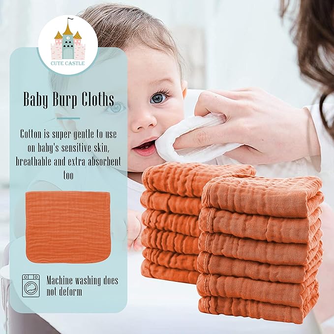 Cute Castle 12 Pack Muslin Burp Cloths for Baby - Ultra-Soft 100% Cotton Baby Washcloths - Large 20'' by 10'' Super Absorbent Milk Spit Up Rags - Burpy Cloths for Unisex, Boy, Girl - Vermilion