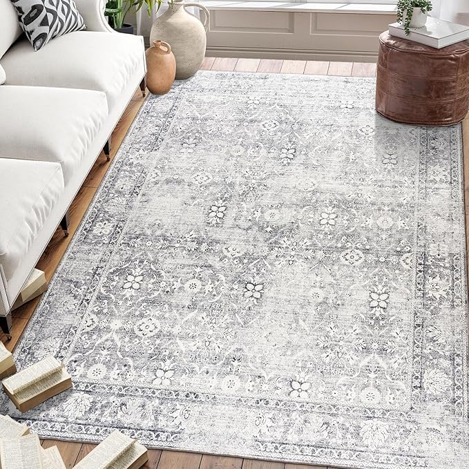 ReaLife Rugs Machine Washable Area Rug Runner - Living Room Bedroom Bathroom Kitchen Entryway Office - Padded Low Pile Stain Resistant Premium - Boho Farmhouse Vintage - Noor - Silver Ivory 3' x 5'