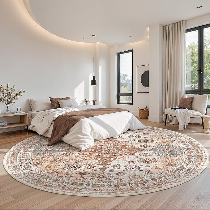 zesthome 9ft Round Rugs for Living Room, Non-Slip Washable Round Area Rugs, Ultra-Thin Large Circle Rugs, Soft Low Pile Rug for Bedroom, Kitchen - Vintage Stain Resistant Round Rug (Orange,9'x9')