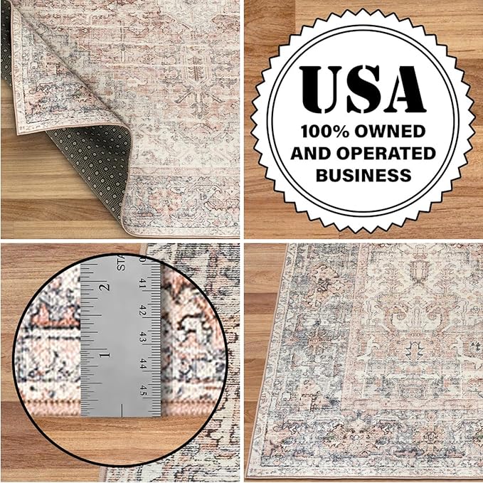 ReaLife Rugs Machine Washable Area Rug - Living Room Bedroom Bathroom Kitchen Entryway Office - Padded Low Pile Stain Resistant Premium - Boho Farmhouse Vintage - Lyle - Gray Ivory Blush 5' x 7'