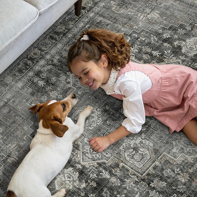 GENIMO 2x5 Runner Rugs for Hallway, Machine Washable Non Slip Vintage Rugs, Low Pile Lightweight Soft Print Rug for enrtyway, Corridor, Home Office, Kitchen, Charcoal Gray