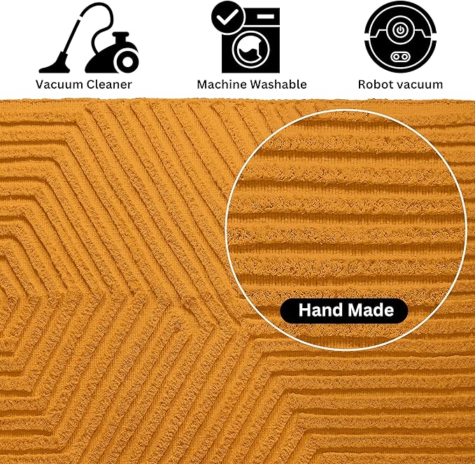 Boho Rugs for Living Room 4x6, Farmhouse Cotton Area Rug for Bedroom, Washable Tufted Indoor Floor Carpet for Kitchen Dorm Office Dining Room Office Home Decor, Mustard