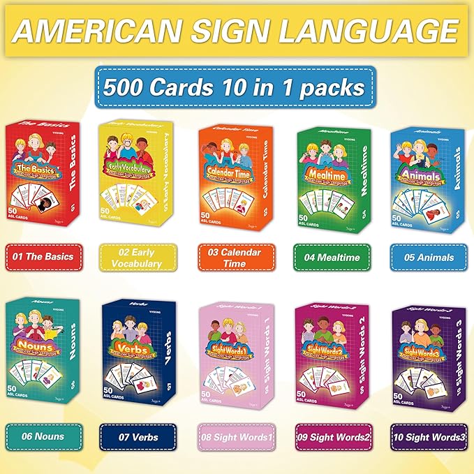 ASL Flash Cards - 500 American Sign Language FlashCards for Beginners and Toddlers, Kids, Teens and Adults Include Verbs, Nouns, Sight Words