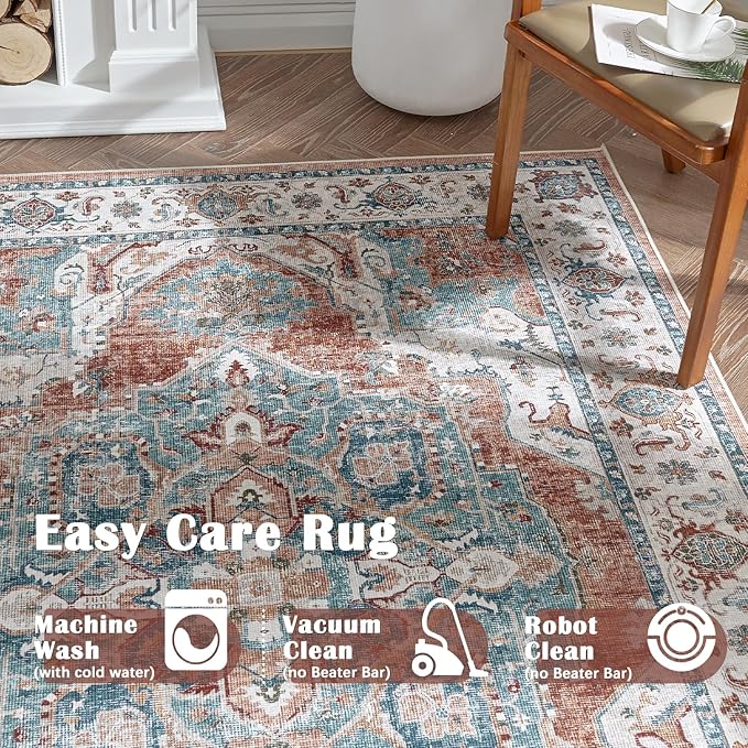 jinchan Area Rug 8x10 Washable Living Room Rug Indoor Large Vintage Floor Cover Distressed Rusty Red Multi Lightweight Non Slip Thin Carpet for Kitchen Bedroom Dining Room