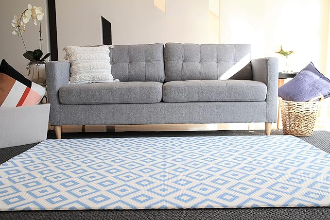 Cushmat Stylish Reversible Foam Play Mat (Large, Palm Gray - Blue Diamonds) - Soft, Waterproof, Durable Play mat for Infants, Babies, Toddler, Kids & Grownup - 6.5ft x 4.5ft