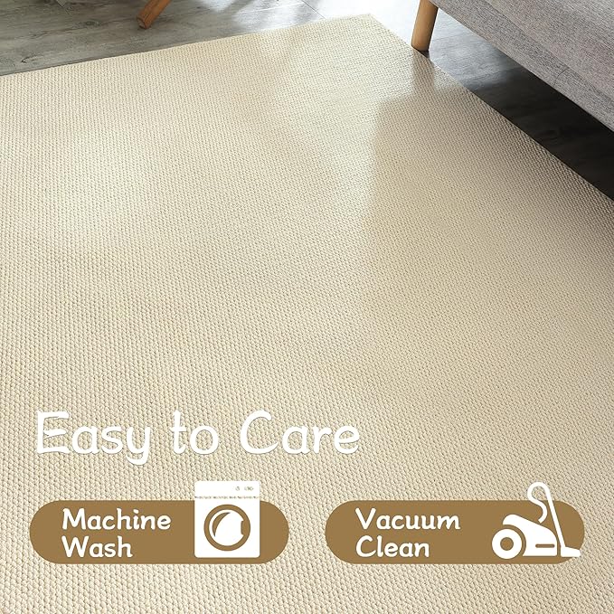 Carvapet 6x9 Solid Large Rugs for Living Room Bedroom Dorm, 6 x 9 Washable Off-White Low Pile Jute Carpet with Rubber Backing, Foldable, Non Slip Thin Area Rug