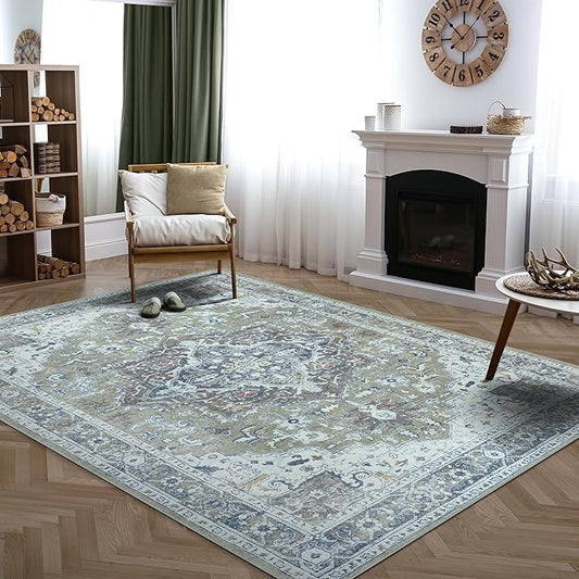 Bloom Rugs Washable Non-Slip 9' x 12' Rug - Green/Blue Traditional Medallion Area Rug for Living Room, Bedroom, Dining Room, and Kitchen - Exact Size: 9' x 12'