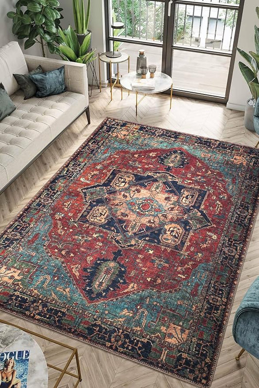 Keen Home Design 8x10 Rug - Machine Washable Area Rug with Non-Slip Backing, Ideal for Living Room, Dining Room, Bedroom - Vintage, Easy Clean, Durable, Low Pile Rug - (8' x 10')