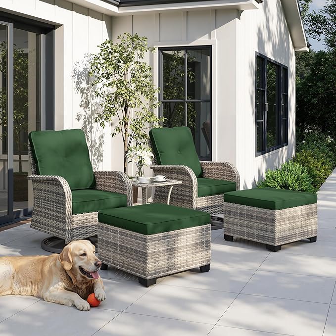 5-Piece Small Patio Furniture Set, Outdoor Swivel Rocking Chairs Set with Ottomans, Patio Bistro Set for Balcony, Deck, Porch, Dark Green