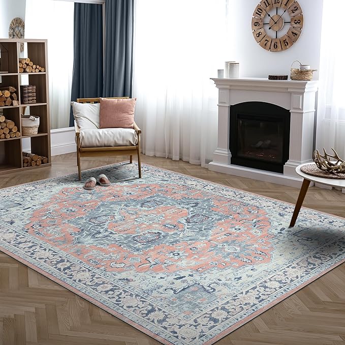 Bloom Rugs Washable Non-Slip 8' x 10' Rug - Coral/Blue Traditional Medallion Area Rug for Living Room, Bedroom, Dining Room, and Kitchen - Exact Size: 8' x 10'