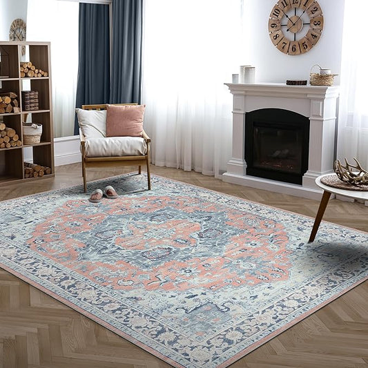 Bloom Rugs Washable Non-Slip 8' x 10' Rug - Coral/Blue Traditional Medallion Area Rug for Living Room, Bedroom, Dining Room, and Kitchen - Exact Size: 8' x 10'