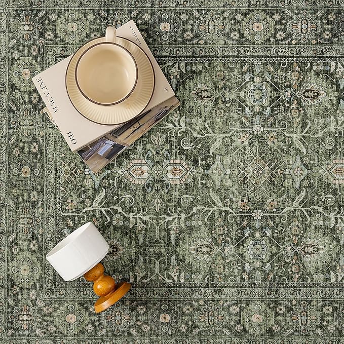 Vintage Area Rug 6x9 Green Washable Living Room Large Carpet Non Slip Bedroom Indoor Office Low Pile Traditional Distressed Retro Accent Rug for Dining Room Kitchen