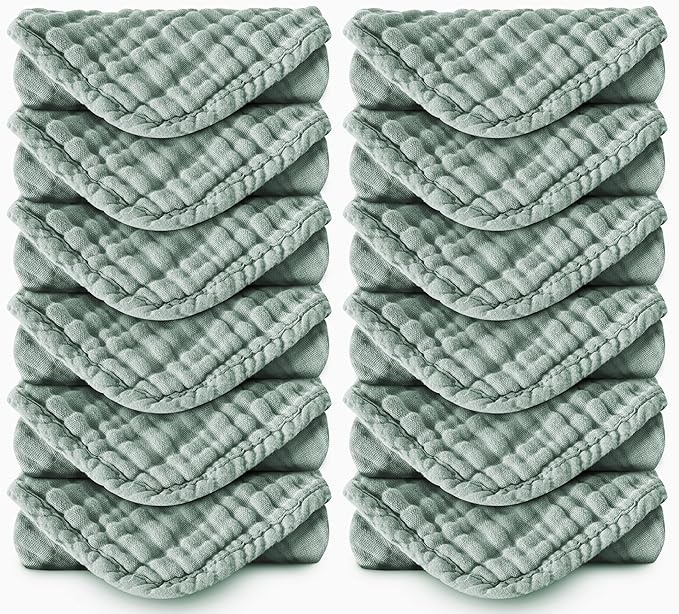 Muslin Burp Cloths 100% Cotton Large 20''x10'' Extra Soft and Absorbent Baby Wash Cloths Spit Up Rags - Baby Burping Cloth for Boys Girls Items(12 Pack Green)