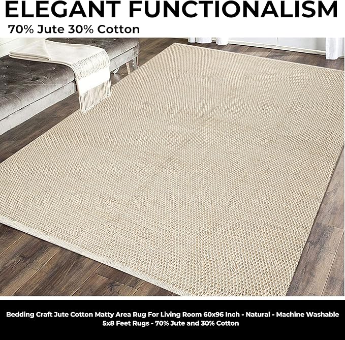 Bedding Craft Jute Cotton Matty Area Rug for Living Room 60x96 Inch - Natural - Machine Washable 5x8 Feet Rugs - 70% Jute and 30% Cotton