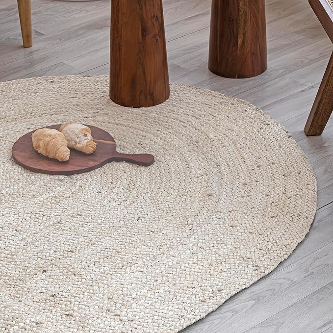 HOMEMONDE Oval Jute Area Rug - 5x8 ft - Off White Hand Woven Natural Fiber - Farmhouse Rustic Rugs for Living Room, Bedroom, Dining Room, Hallway, Office