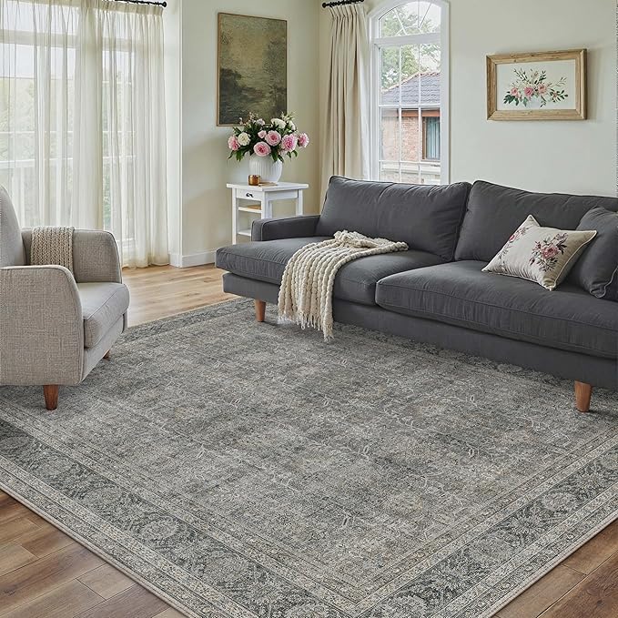 Vintage Area Rug 5x7 Grey Brown Washable Living Room Large Carpet Non Slip Bedroom Indoor Office Low Pile Traditional Distressed Retro Accent Rug for Dining Room Bathroom Kitchen