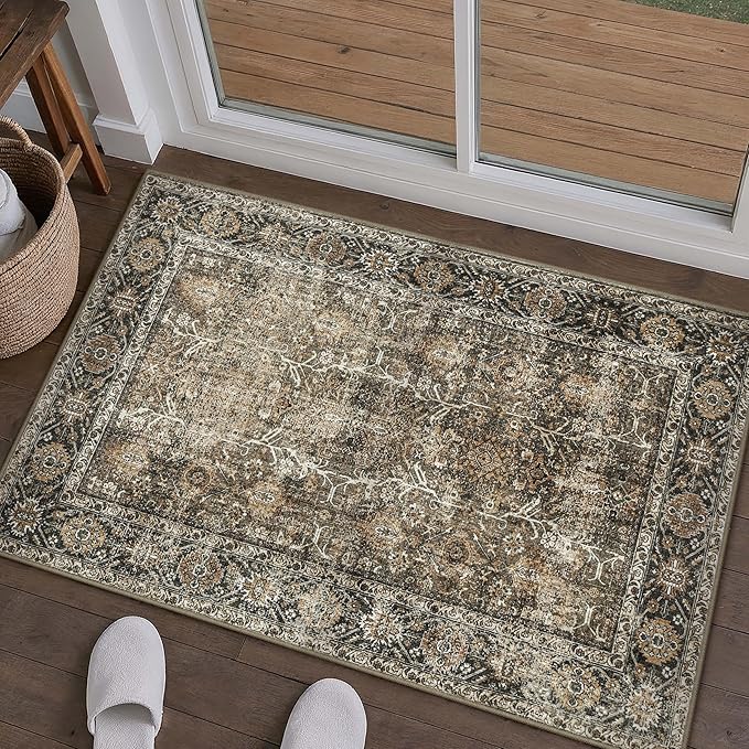 Brown Entryway Rug 2x3 Vintage Area Carpet Indoor Kitchen Washable Door Mat Living Room Entrance Small Low Pile Traditional Distressed Retro Accent Throw Rug Non Slip Office Bathroom