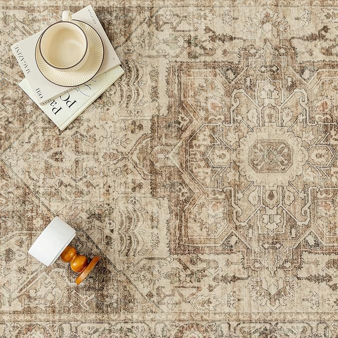 Brown Multi Area Rug 3x5 Vintage Entryway Door Mat Office Washable Distressed Kitchen Carpet Non Slip Soft Indoor Traditional Medallion Retro Accent Throw Rug for Bedroom Dining Living Room