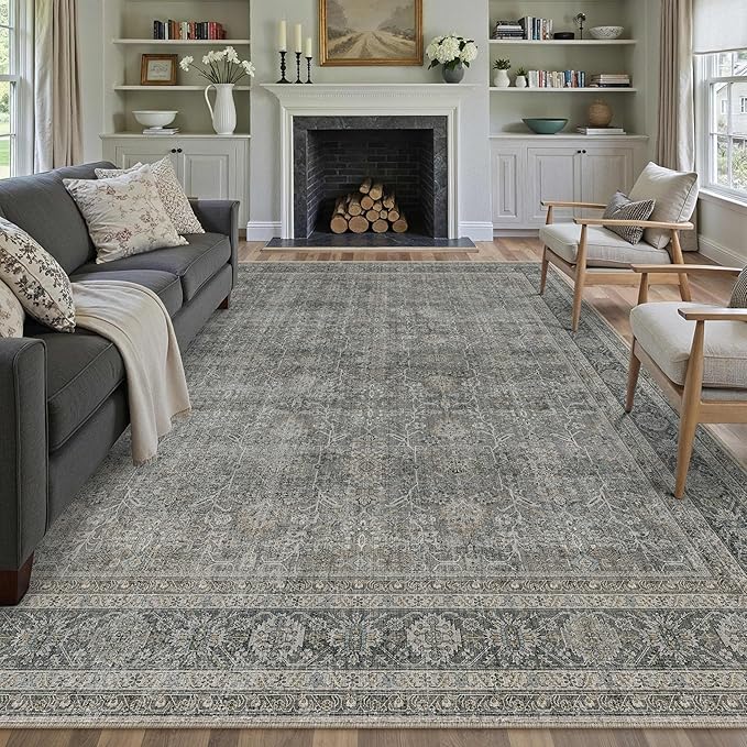 Vintage Area Rug 8x10 Grey Brown Washable Living Room Large Carpet Non Slip Bedroom Indoor Office Low Pile Traditional Distressed Retro Accent Rug for Dining Room