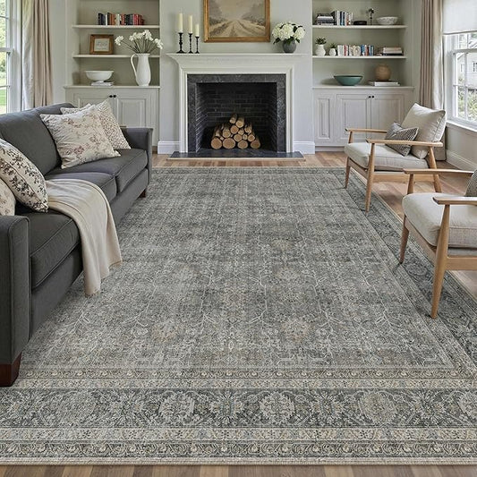 Vintage Area Rug 8x10 Grey Brown Washable Living Room Large Carpet Non Slip Bedroom Indoor Office Low Pile Traditional Distressed Retro Accent Rug for Dining Room