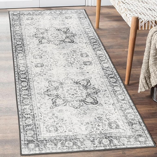 ReaLife Rugs Machine Washable Area Rug Runner - Living Room Bedroom Bathroom Kitchen Entryway Office - Padded Low Pile Stain Resistant Premium - Boho Farmhouse Vintage - Joy - Gray 2'6" x 6'