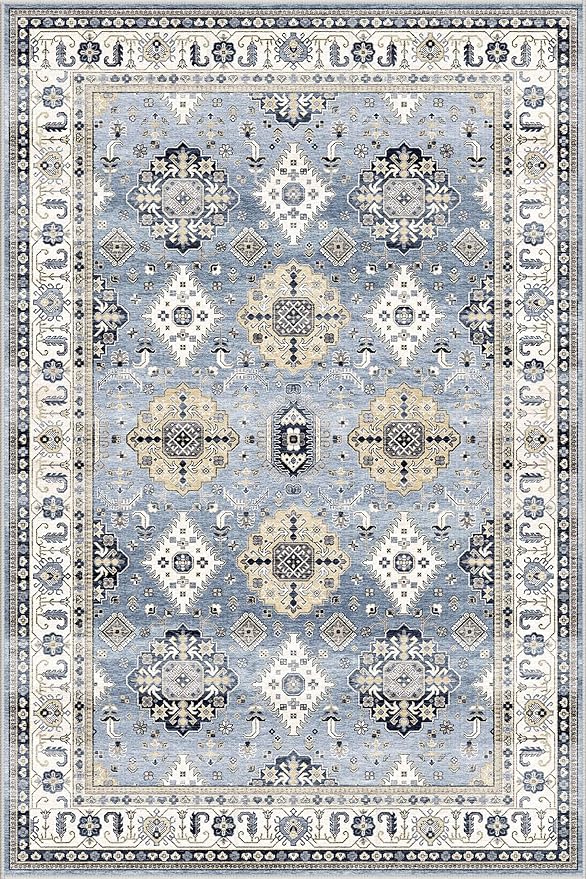 Dripex Vintage Washable Area Rug - 5x8 Distressed Rugs for Living Room Bedroom Oriental Medallion Floral Print Carpet Low-Pile Indoor Soft Non-Slip Accent Rug Farmhouse Office Home Decor