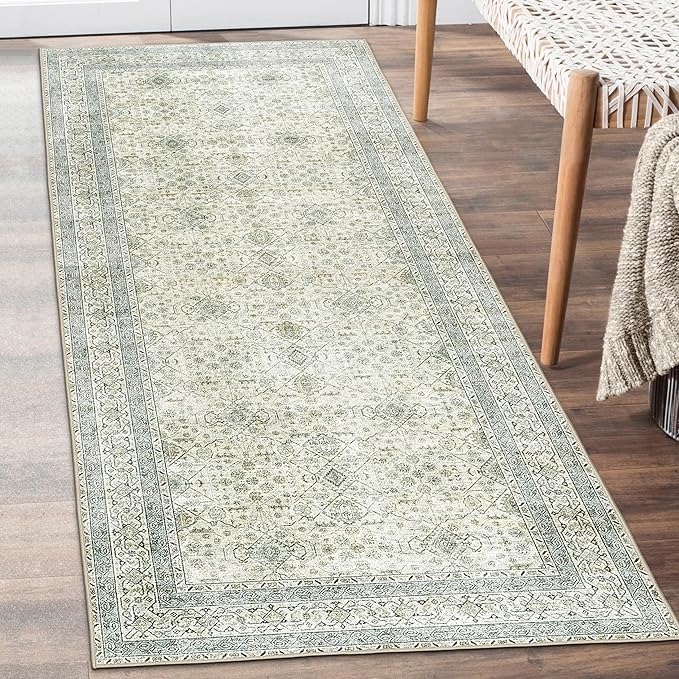 ReaLife Rugs Machine Washable Area Rug Runner - Living Room Bedroom Bathroom Kitchen Entryway Office - Padded Low Pile Stain Resistant Premium - Boho Farmhouse Vintage - BEV - Green 2'6" x 8'