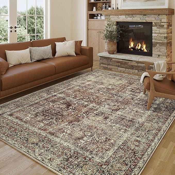 Vintage Area Rug 6x9 Rust Red Washable Living Room Large Carpet Non Slip Bedroom Indoor Office Low Pile Traditional Distressed Retro Accent Rug for Dining Room Kitchen