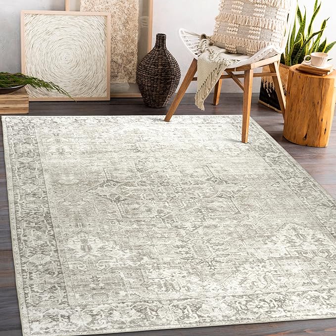 ReaLife Rugs Machine Washable Area Rug - Living Room Bedroom Bathroom Kitchen Entryway Office - Padded Low Pile Stain Resistant Premium - Boho Farmhouse Vintage - Lyle - Beige Ivory 6' Round