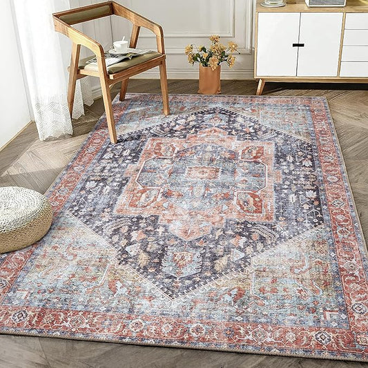 Bloom Rugs Washable Non-Slip 6' x 9' Rug - Terracotta/Blue Traditional Medallion Area Rug for Living Room, Bedroom, Dining Room, and Kitchen - Exact Size: 6' x 9'