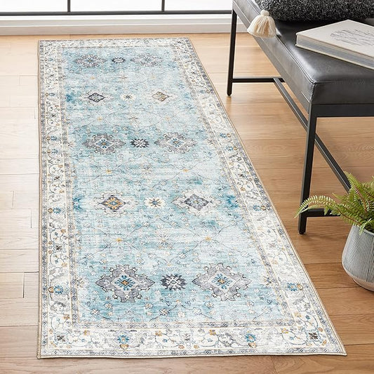 ReaLife Rugs Machine Washable Area Rug Runner - Living Room Bedroom Bathroom Kitchen Entryway Office - Padded Low Pile Stain Resistant Premium - Boho Farmhouse Vintage - BEV - Blue Ivory 2'6" x 8'