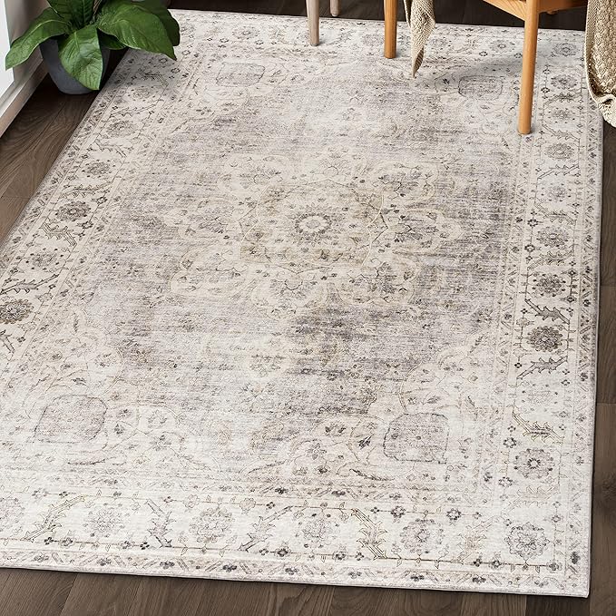 ReaLife Rugs Machine Washable Area Rug - Living Room Bedroom Bathroom Kitchen Entryway Office - Padded Low Pile Stain Resistant Premium - Boho Farmhouse Vintage - Joy - Beige Ivory 4' Round