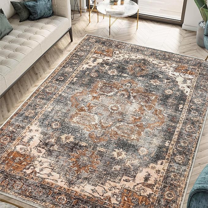 Keen Home Design 5x7 Rug - Machine Washable Area Rug with Non-Slip Backing, Ideal for Living Room, Dining Room, Bedroom - Vintage, Easy Clean, Durable, Low Pile Rug - (5' x 7')
