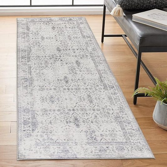 ReaLife Rugs Machine Washable Area Rug Runner - Living Room Bedroom Bathroom Kitchen Entryway Office - Padded Low Pile Stain Resistant Premium - Boho Farmhouse Vintage - Noor - Ivory Grey 2'6" x 6'