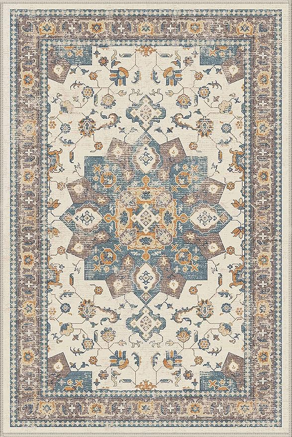 Dripex Vintage 5x7 Area Rugs -Large Washable Area Rug for Living Room Bedroom Oriental Medallion Floral Print Floor Carpet Low-Pile Indoor Soft Non-Slip Accent Rug Farmhouse Home Office Decor