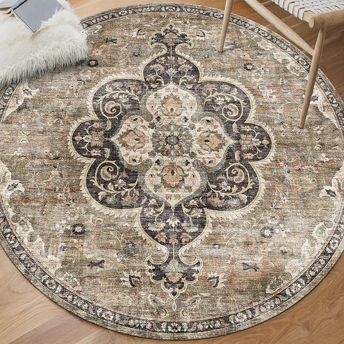 ReaLife Rugs Machine Washable Area Rug - Living Room Bedroom Bathroom Kitchen Entryway Office - Non Slip Low Pile Stain Resistant Premium - Boho Farmhouse Vintage - Joy - Brown Beige 6' Round